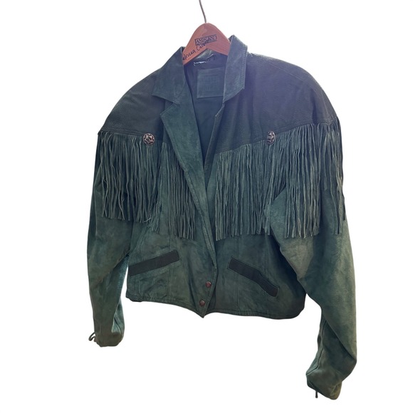 90s VTG Womens Vintage Green Suede Fringe Western Jacket Lace Up Back Size 4 / 6 - Picture 15 of 16